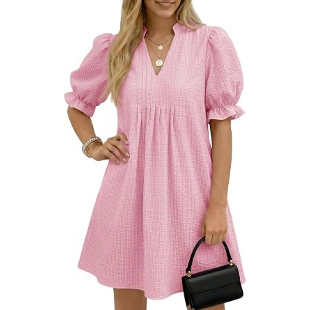 Wenrine Puff Sleeve Mini Dress Pink V-Neck Babydoll Dress with Pockets